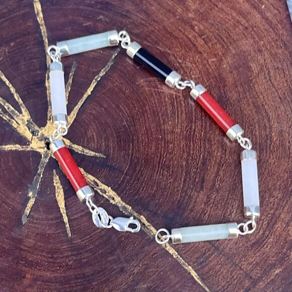 Sterling Silver 925 Semiprecious Stones Link Bracelet Jade, Onyx, Red Jasper - Picture 6 of 9